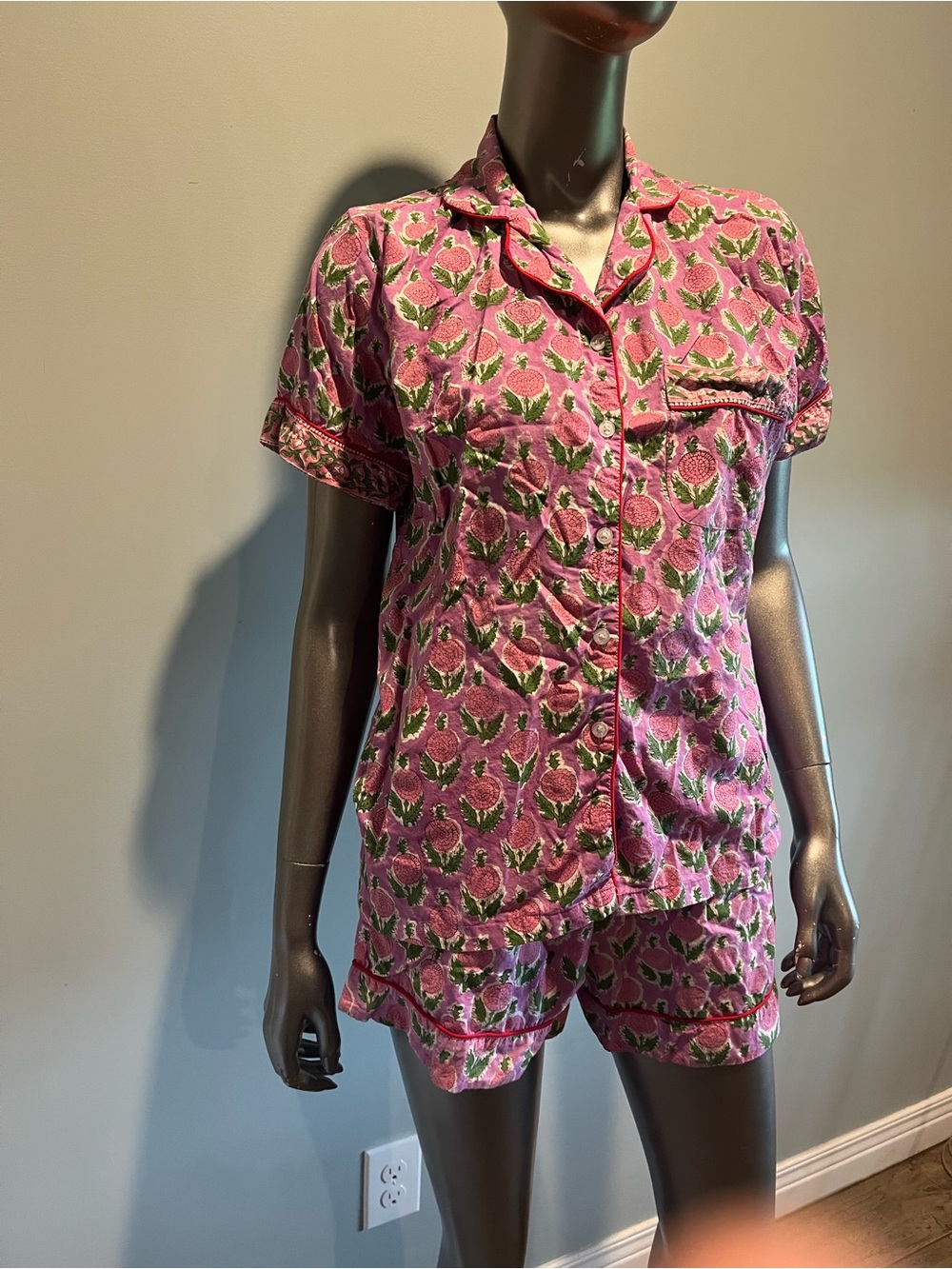 Floral Pink Short Pajama Set with Green Accents